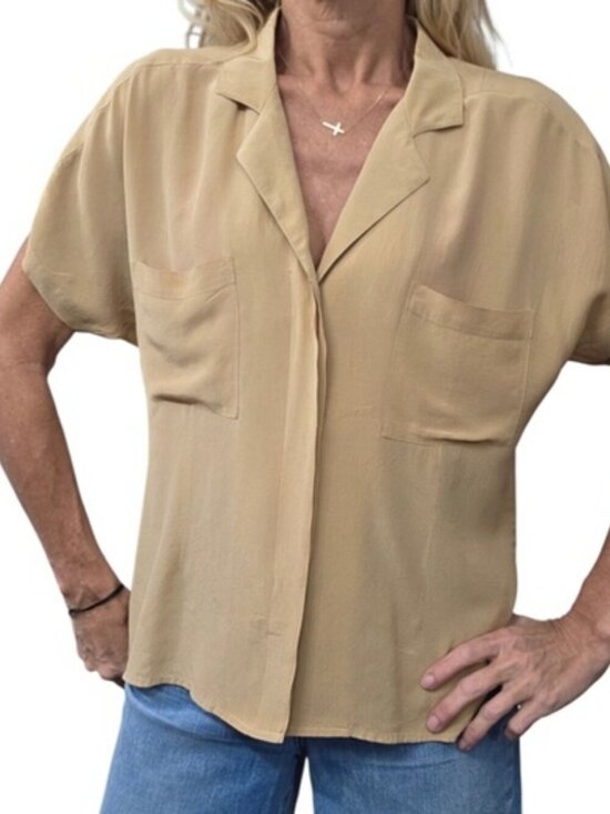 Tops - Vintage 90s Haberdasher 100% Silk Tan Camp Collar Blouse L